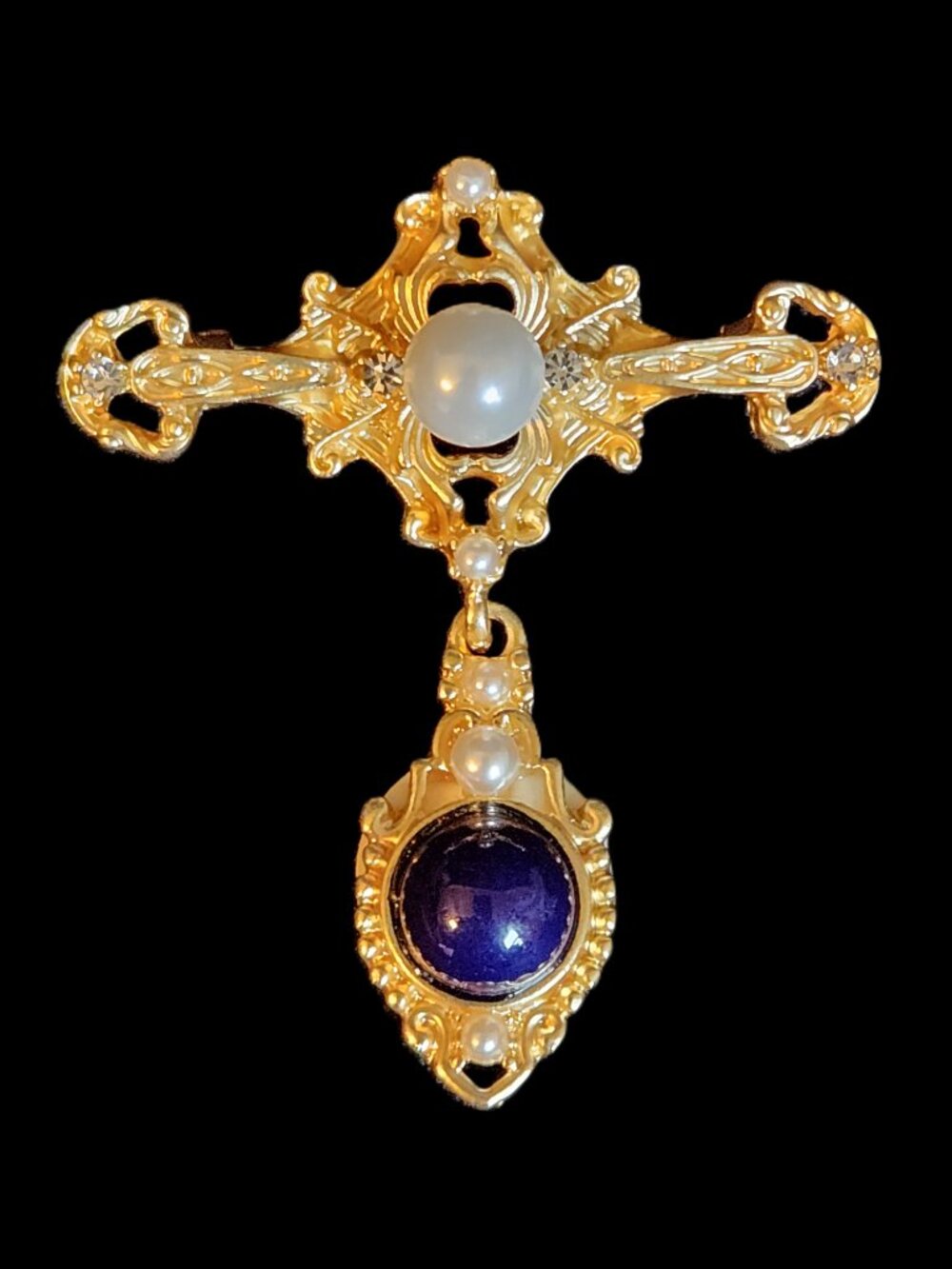 Drop BLUE Stone w Pearl & Rhinestones PIN in goldtone by ORNAMENTS NEW